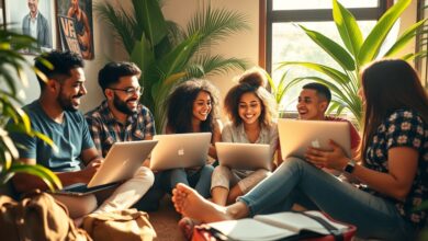 Grupo diversificado de nômades digitais trabalhando e socializando