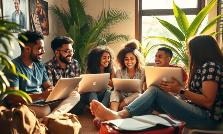 Como Fazer Amizades no Nomadismo Digital: Guia Completo para Conexões Autênticas - Web Nômade Digital Grupo diversificado de nômades digitais trabalhando e socializando