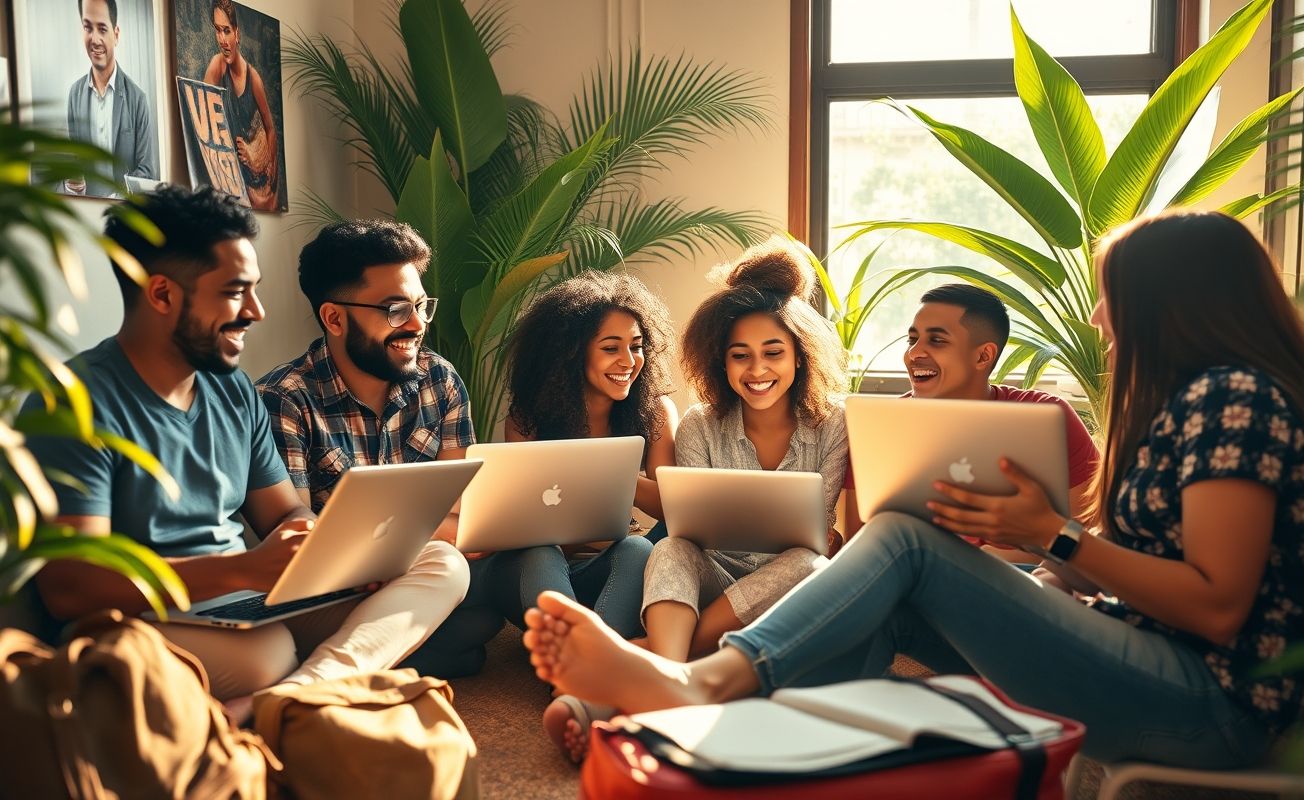 Grupo diversificado de nômades digitais trabalhando e socializando
