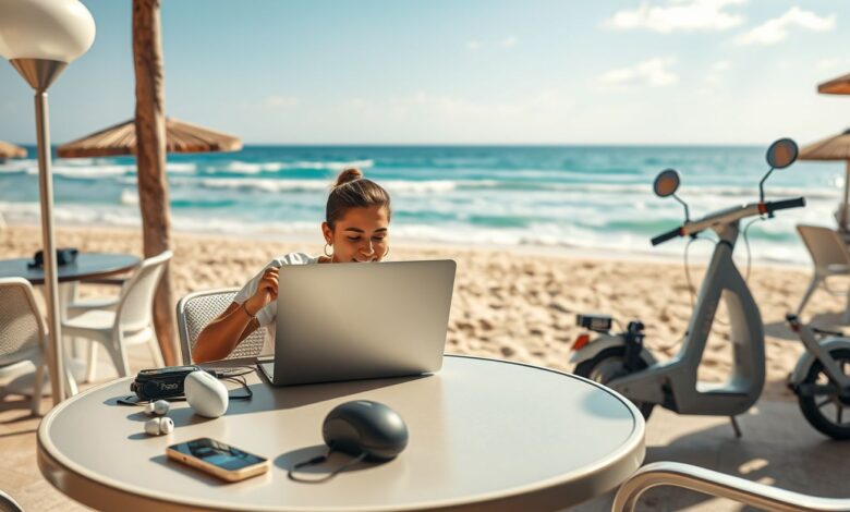 Blog Nômade 2025: O Guia Completo para Criar e Monetizar Seu Blog de Viagens - Web Nômade Digital Nômade digital trabalhando à beira-mar com laptop