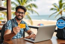 Nômade digital usando cartão sem taxa em viagem internacional