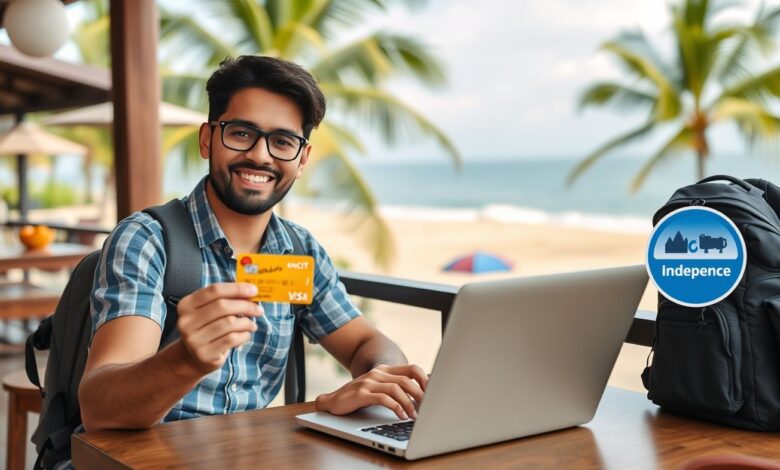 Cartões Sem Taxa para Nômades: Como Acessar seu Dinheiro no Exterior Sem Custos - Web Nômade Digital Nômade digital usando cartão sem taxa em viagem internacional