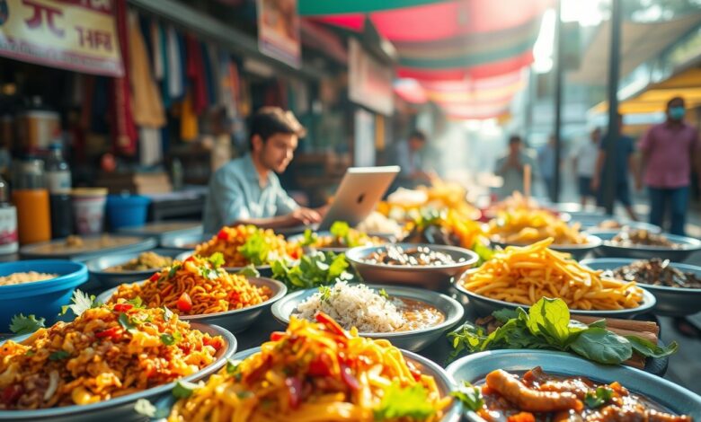 Comida Nômades: Guia Completo para Alimentação de Nômades Digitais - Web Nômade Digital Nômade digital comendo em mercado de rua enquanto trabalha