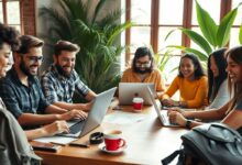 Nômades digitais trabalhando em café