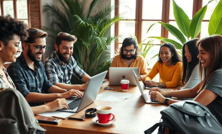 Companhia de Viagem para Nômades Digitais: Como Encontrar Parceiros de Aventura - Web Nômade Digital Nômades digitais trabalhando em café