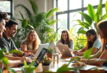 Grupo diversificado de nômades digitais trabalhando juntos