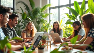 Grupo diversificado de nômades digitais trabalhando juntos