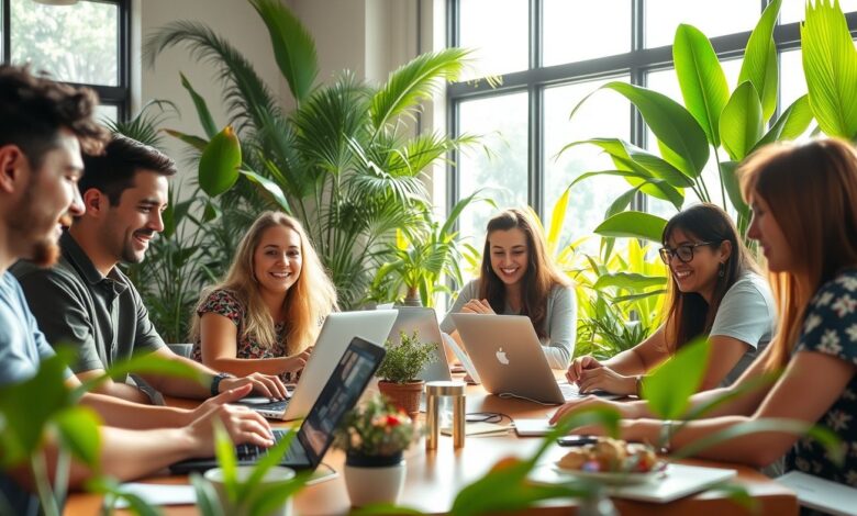 Comunidades Nômades: O Poder da Conexão em um Mundo Sem Fronteiras - Web Nômade Digital Grupo diversificado de nômades digitais trabalhando juntos