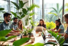 Nômades digitais colaborando em espaço de coworking moderno
