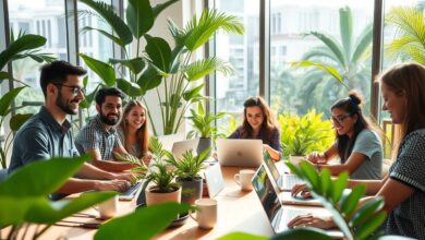 Nômades digitais colaborando em espaço de coworking moderno