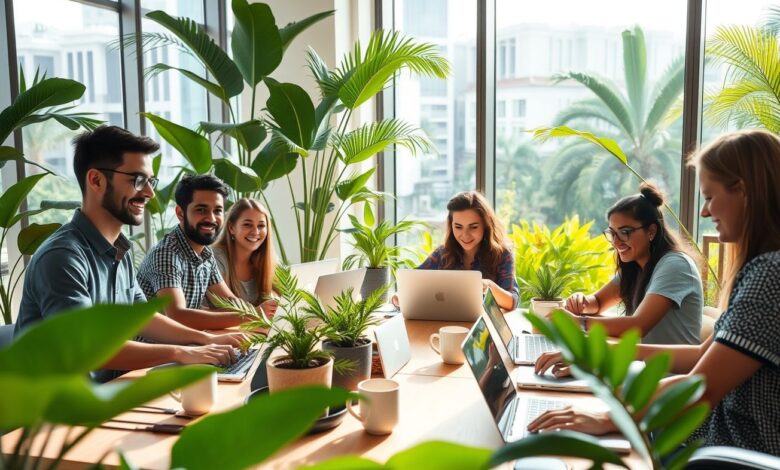Nômades digitais colaborando em espaço de coworking moderno