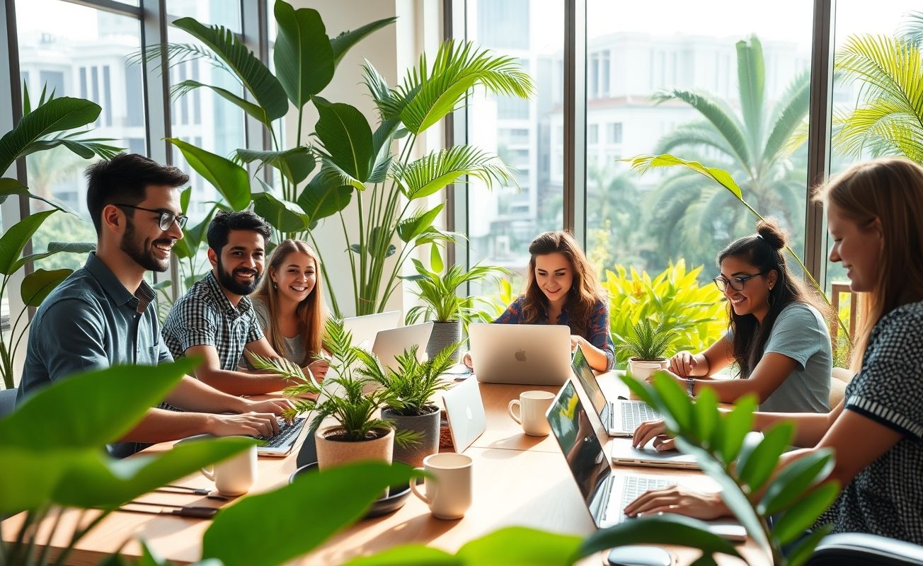 Nômades digitais colaborando em espaço de coworking moderno