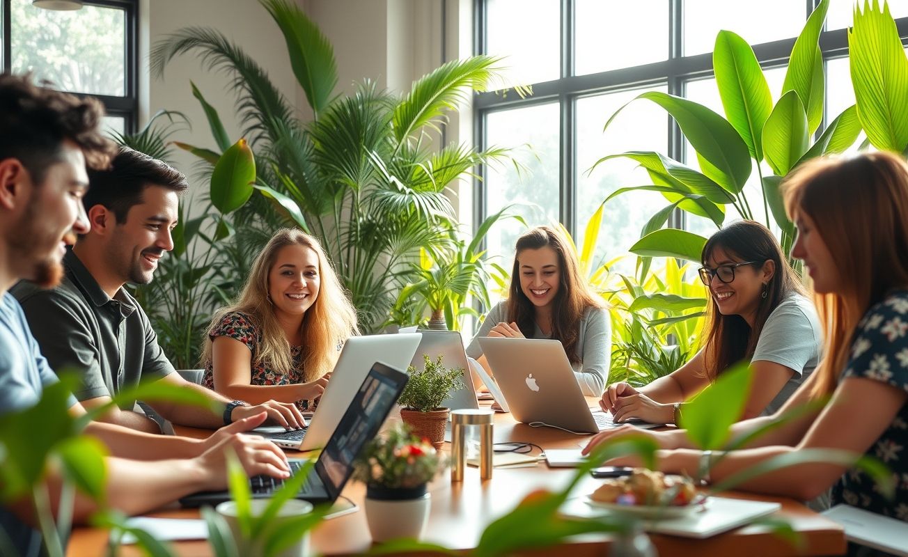 Grupo diversificado de nômades digitais trabalhando juntos