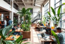Nômades digitais trabalhando em espaço de coworking moderno
