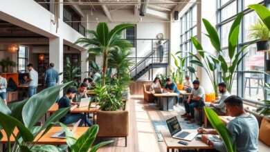 Nômades digitais trabalhando em espaço de coworking moderno