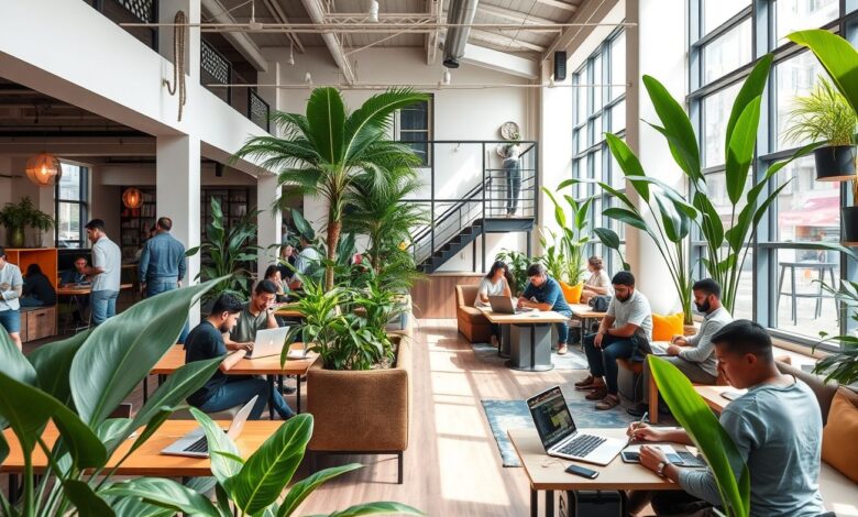 Coworkings Nômades: Os Melhores Espaços de Trabalho Remoto em 2025 - Web Nômade Digital Nômades digitais trabalhando em espaço de coworking moderno