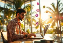 Nômade digital usando criptomoedas no laptop
