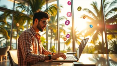 Nômade digital usando criptomoedas no laptop
