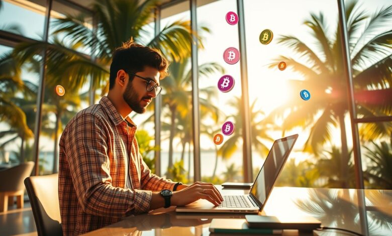 Criptomoedas Nômades: O Guia Completo para Pagamentos Internacionais Seguros - Web Nômade Digital Nômade digital usando criptomoedas no laptop
