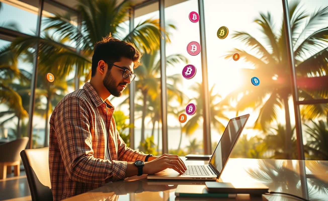 Nômade digital usando criptomoedas no laptop