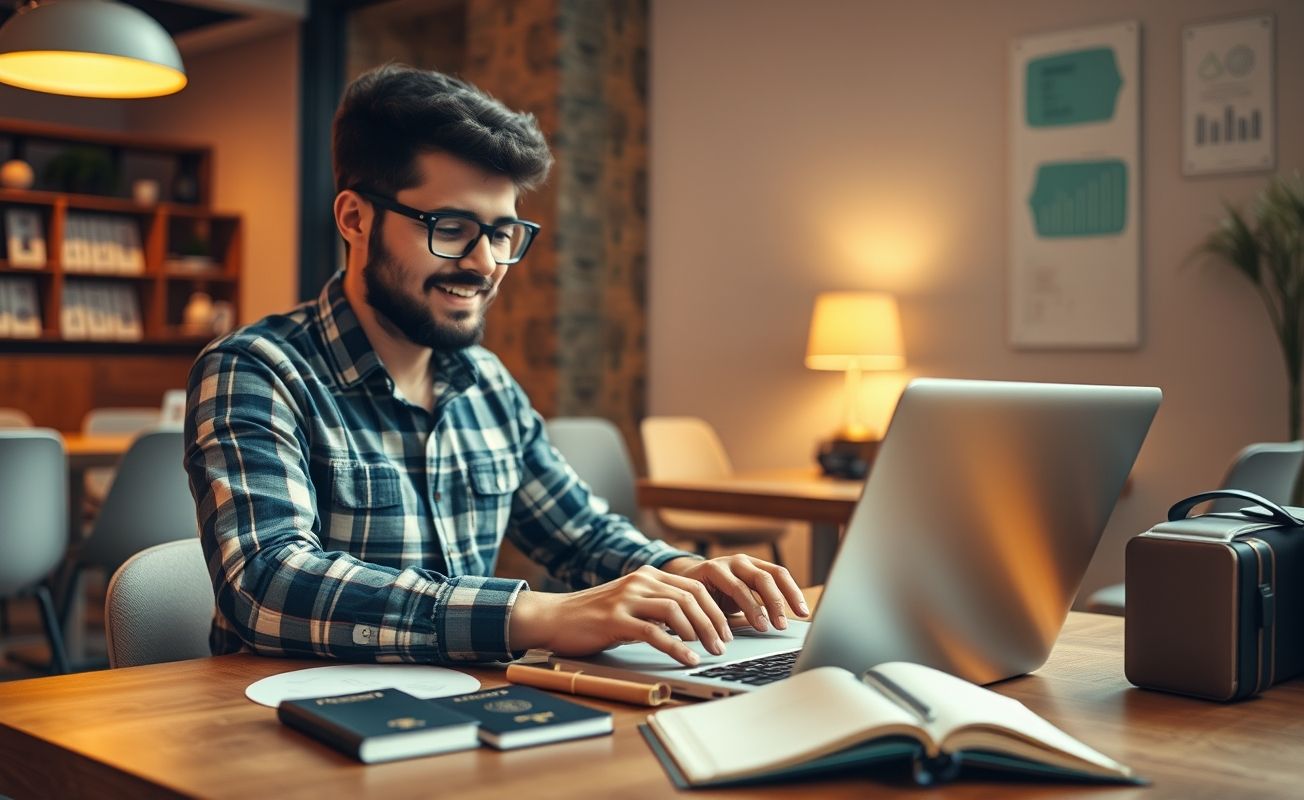Nômade digital gerenciando finanças durante viagens