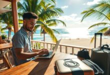 Nômade digital trabalhando remotamente em praia tropical
