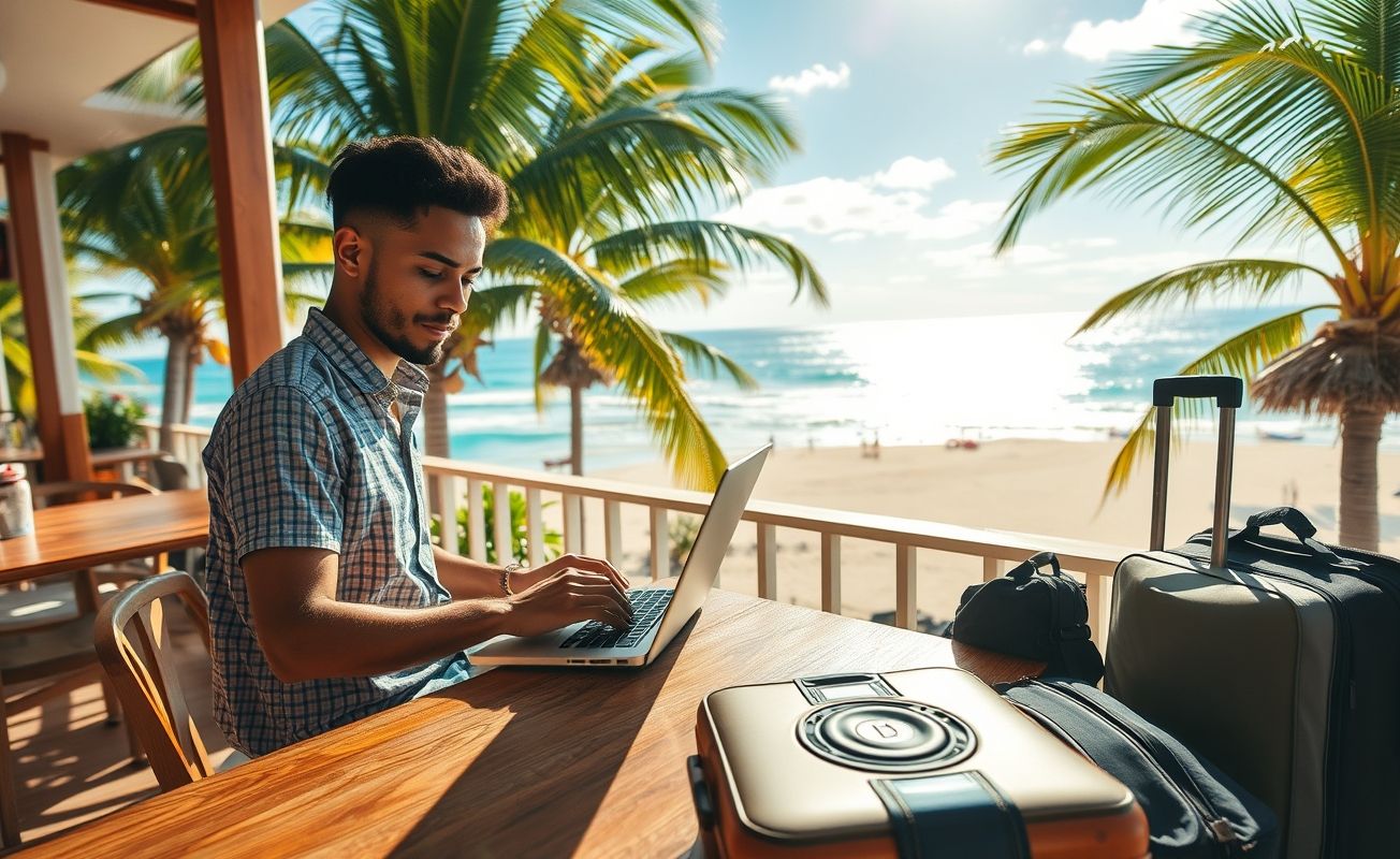 Nômade digital trabalhando remotamente em praia tropical