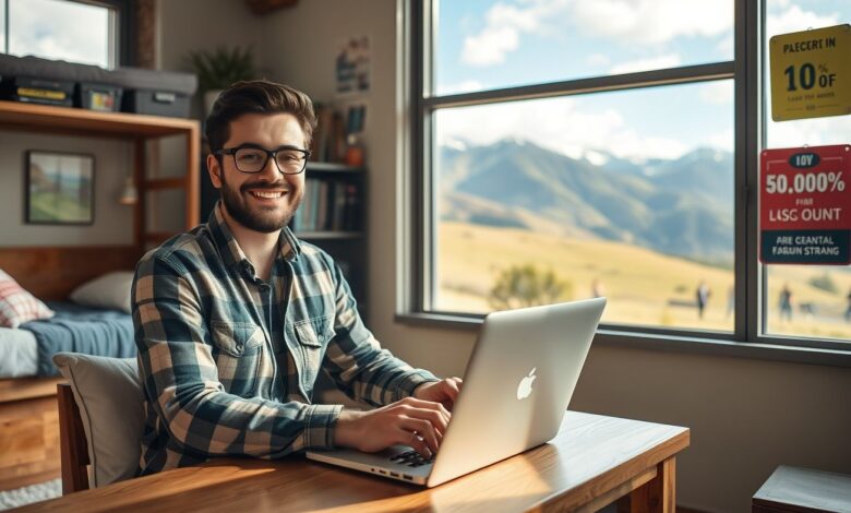 Descontos em Hospedagem: Guia Completo para Economizar em Viagens Longas - Web Nômade Digital Nômade digital trabalhando em acomodação com desconto