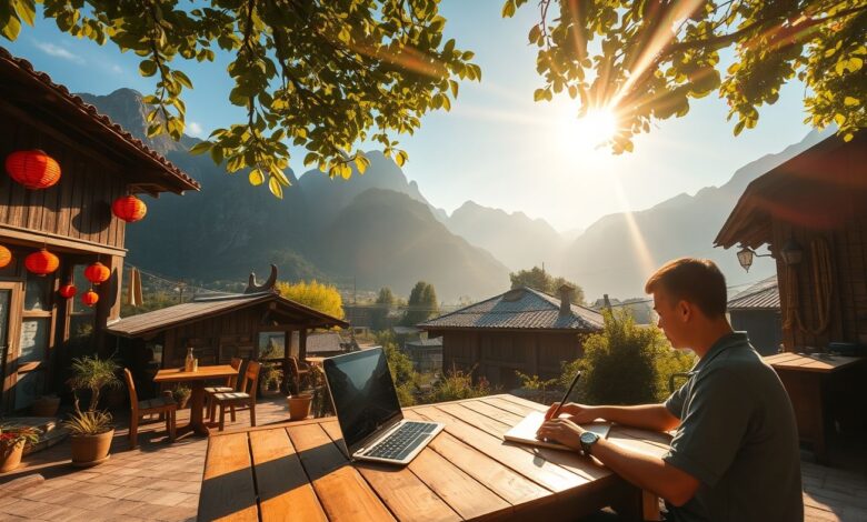 Destinos Subestimados para Nômades em 2025: Lugares Pouco Explorados com Vantagens Únicas - Web Nômade Digital Nômade digital trabalhando remotamente em destino subestimado