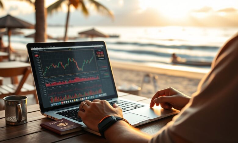 Nômade digital trabalhando com investimentos em dividendos globais
