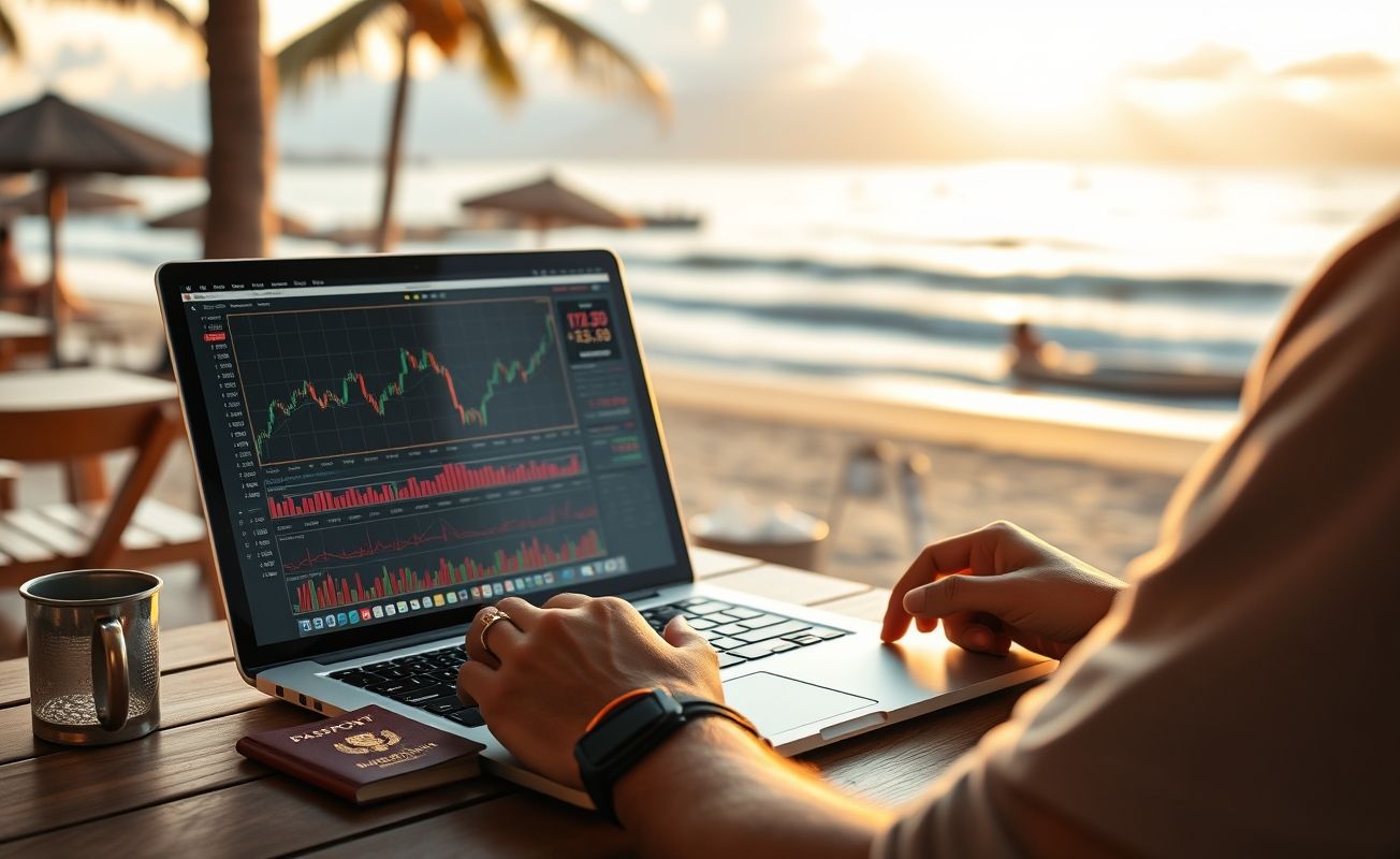 Nômade digital trabalhando com investimentos em dividendos globais
