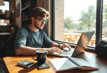 Nômade digital trabalhando em laptop com itens de viagem