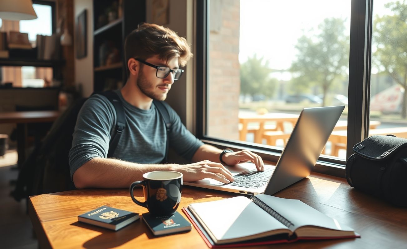Nômade digital trabalhando em laptop com itens de viagem