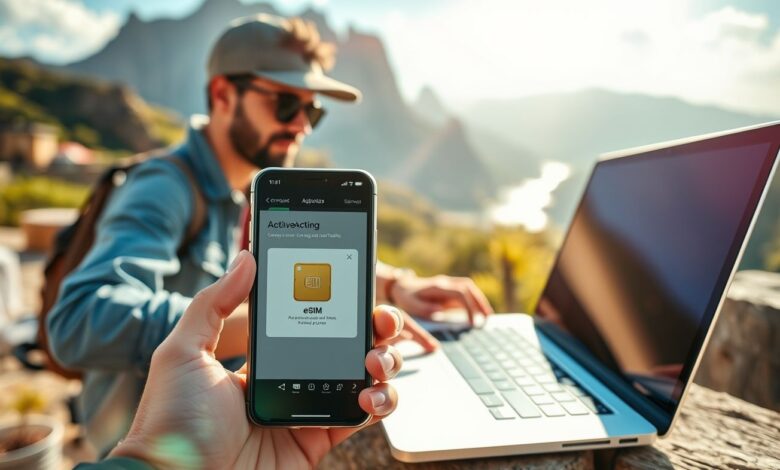 eSIM para Nômades: A Solução Definitiva para Internet em Qualquer Lugar do Mundo - Web Nômade Digital Nômade digital usando eSIM em viagem internacional