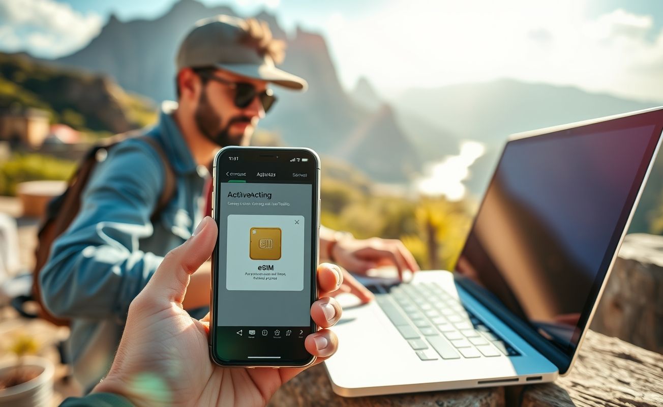 Nômade digital usando eSIM em viagem internacional