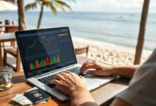 Nômade digital trabalhando e gerenciando finanças durante viagem