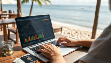 Nômade digital trabalhando e gerenciando finanças durante viagem