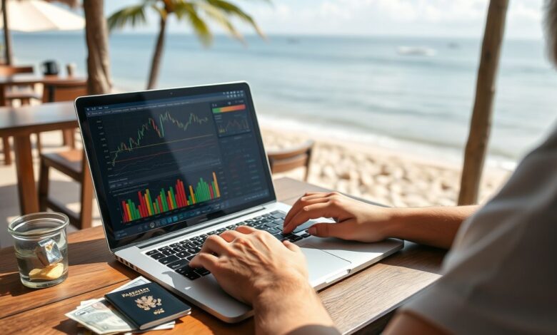 Finanças Nômades: Como Gerenciar Seu Dinheiro Enquanto Viaja pelo Mundo - Web Nômade Digital Nômade digital trabalhando e gerenciando finanças durante viagem