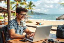 Nômade digital trabalhando no laptop em viagem