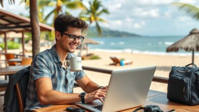 Nômade digital trabalhando no laptop em viagem