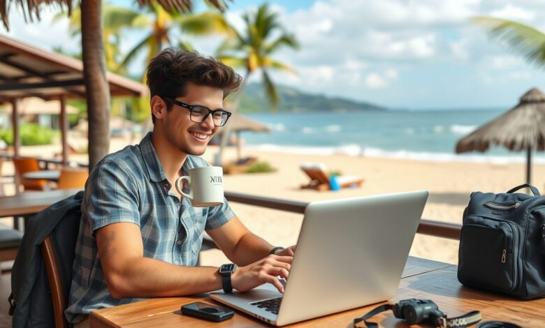 Nômade digital trabalhando no laptop em viagem