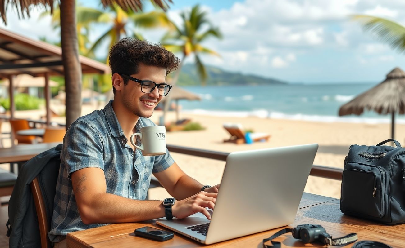 Nômade digital trabalhando no laptop em viagem