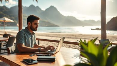 Nômade digital trabalhando remotamente em ambiente paradisíaco