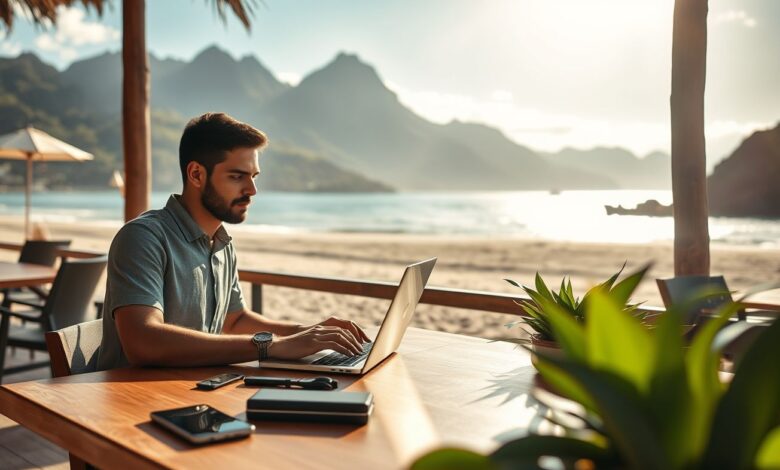 Como Montar um Home Office Móvel Perfeito: Produtividade em Qualquer Lugar - Web Nômade Digital Nômade digital trabalhando remotamente em ambiente paradisíaco