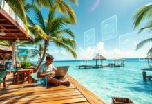Nômade digital usando inteligência artificial na praia
