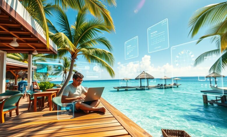 IA para Nômades: Como a Inteligência Artificial Está Revolucionando o Estilo de Vida Digital - Web Nômade Digital Nômade digital usando inteligência artificial na praia