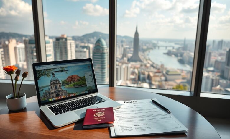 Imóveis para Nômades: Guia Completo para Moradia e Investimento no Exterior - Web Nômade Digital Nômade digital trabalhando com documentos de imóvel no exterior