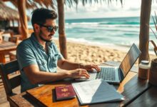 Nômade digital trabalhando e gerenciando documentos fiscais