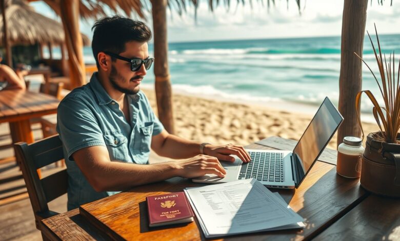 Imposto Nômade Digital: Guia Completo para Declarar seus Tributos - Web Nômade Digital Nômade digital trabalhando e gerenciando documentos fiscais