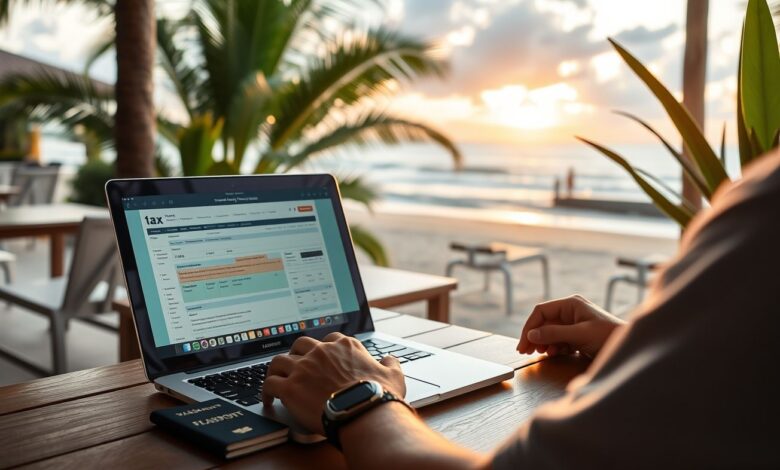 Impostos Internacionais para Nômades Digitais: Guia Completo para Evitar Dor de Cabeça - Web Nômade Digital Nômade digital gerenciando impostos internacionais em laptop